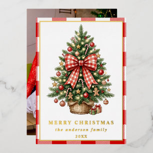 Tarjeta Festiva Con Relieve Metalizado Foto familiar de Navidad con árbol con lazo de gin