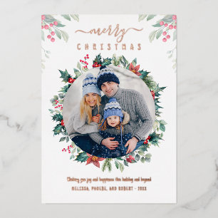 Tarjeta Festiva Con Relieve Metalizado Foto familiar de Navidad con vegetación en rosa do