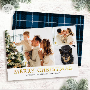 Tarjeta Festiva Con Relieve Metalizado Foto Familiar de Navidad Tradicional Cuadro Azul D