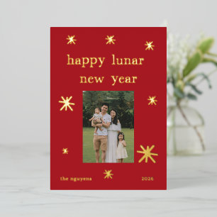 Tarjeta Festiva Con Relieve Metalizado Foto familiar del Año Nuevo Lunar de Rojo Dorado F