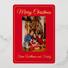 Tarjeta Festiva Con Relieve Metalizado Foto familiar Merry Christmas Red