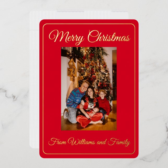 Tarjeta Festiva Con Relieve Metalizado Foto familiar Merry Christmas Red (Sobre)