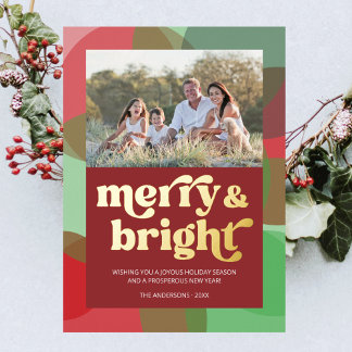 Tarjeta Festiva Con Relieve Metalizado Foto familiar merry color brillante rojo retro