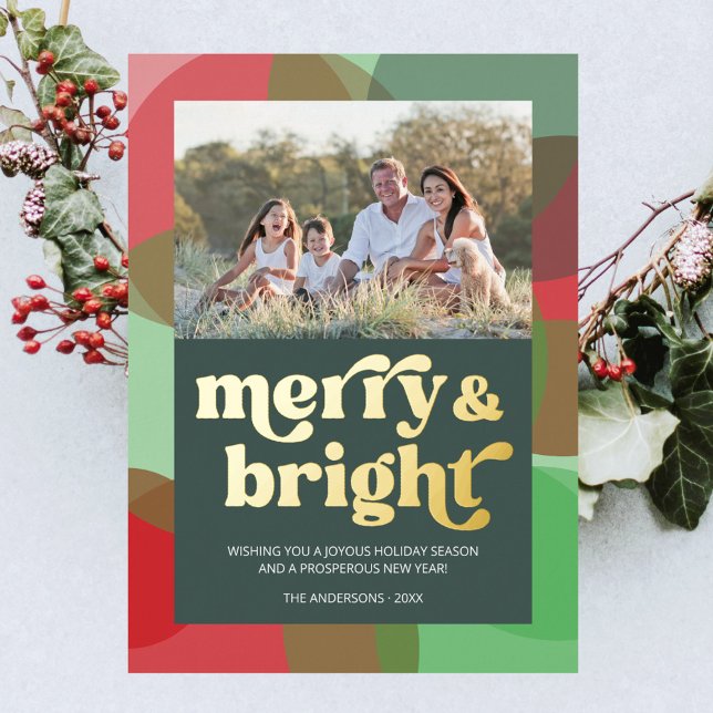 Tarjeta Festiva Con Relieve Metalizado Foto familiar Merry Retro Verde Brillante (Subido por el creador)