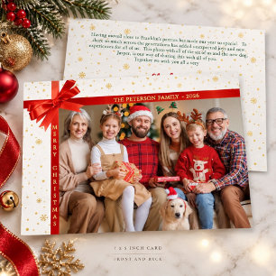 Tarjeta Festiva Con Relieve Metalizado Foto Familiar Moderna de Copos de Nieve con Lazo R