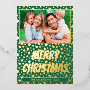 Tarjeta Festiva Con Relieve Metalizado Foto familiar moderna Las estrellas navideñas feli