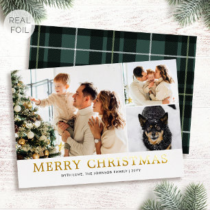 Tarjeta Festiva Con Relieve Metalizado Foto Familiar Navideña Tradicional Plaid Verde Dor