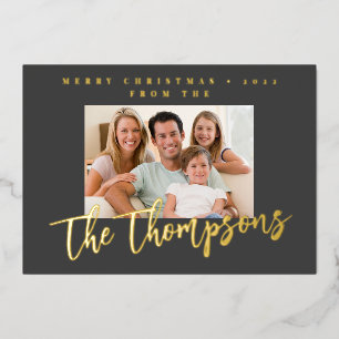 Tarjeta Festiva Con Relieve Metalizado Foto familiar personalizada apellido Feliz Navidad