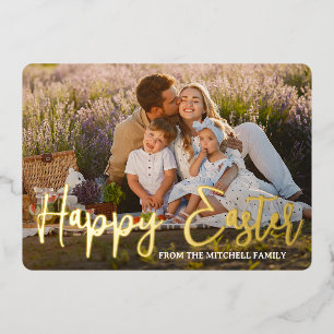 Tarjeta Festiva Con Relieve Metalizado Foto familiar personalizada de Feliz Pascua en oro