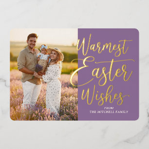 Tarjeta Festiva Con Relieve Metalizado Foto familiar personalizada de Pascua feliz en oro