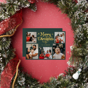 Tarjeta Festiva Con Relieve Metalizado Foto Familiar Retro Verde y Dorado Feliz Navidad