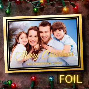 Tarjeta Festiva Con Relieve Metalizado Foto familiar y nombre de guión elegante Feliz Nav