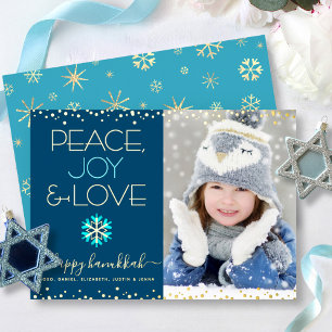 Tarjeta Festiva Con Relieve Metalizado Foto Hanukkah Paz Alegría Amor Copo de Nieve Oro R