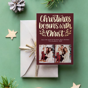 Tarjeta Festiva Con Relieve Metalizado Foto Hoja de Navidad Comienza con Cristo
