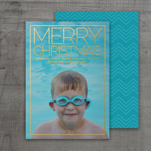 Tarjeta Festiva Con Relieve Metalizado Foto horizontal - Feliz Navidad aqua oro azul