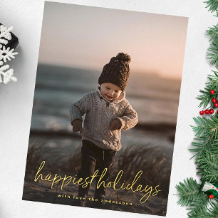 Tarjeta Festiva Con Relieve Metalizado Foto Letras doradas Feliz Navidad