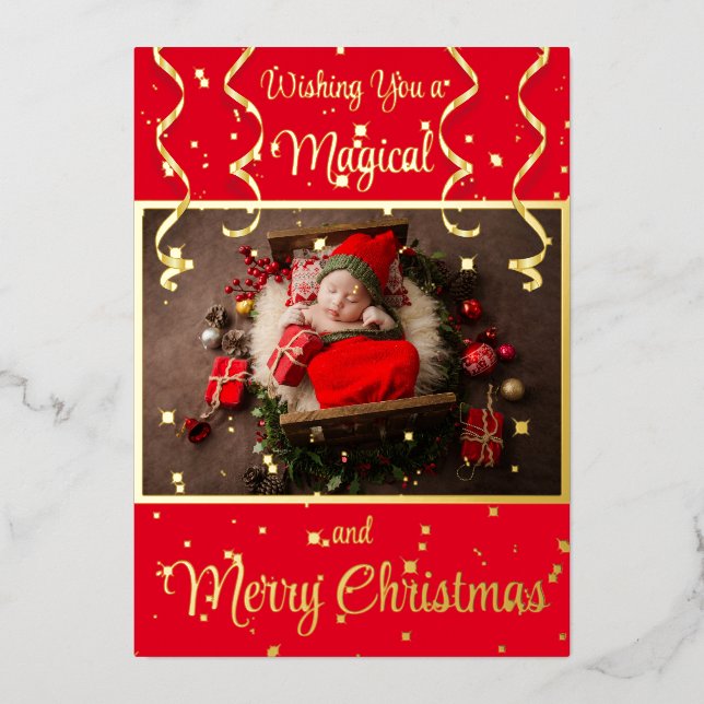 Tarjeta Festiva Con Relieve Metalizado Foto mágica roja Feliz Navidad (Anverso)