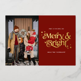 Tarjeta Festiva Con Relieve Metalizado Foto: Merry y Navidades rojos brillantes