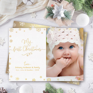 Tarjeta Festiva Con Relieve Metalizado Foto Mi Primer Navidad Copos de Nieve Oro Real