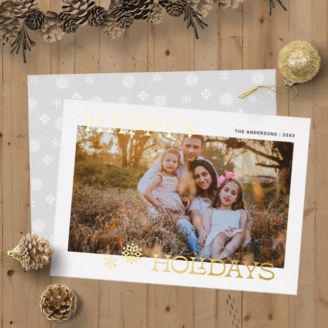 Tarjeta Festiva Con Relieve Metalizado Foto moderna de copo de nieve para felices fiestas (Happy Holidays Modern Snowflake Photo Foil Holiday Card)