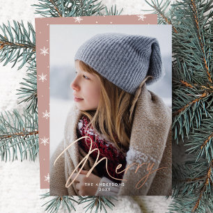 Tarjeta Festiva Con Relieve Metalizado Foto moderna de firma alegre en dusty rose