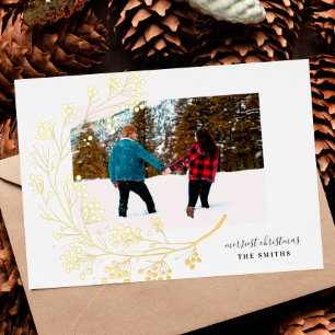 Tarjeta Festiva Con Relieve Metalizado Foto moderna de Navidad alegre dorada natural de i