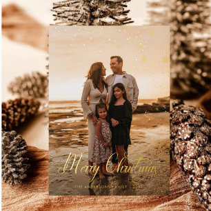 Tarjeta Festiva Con Relieve Metalizado Foto moderna de Navidad con familia en cuadros de