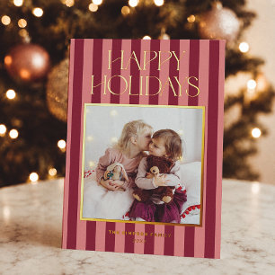 Tarjeta Festiva Con Relieve Metalizado Foto moderna de Navidad con rayas rosadas y burgun