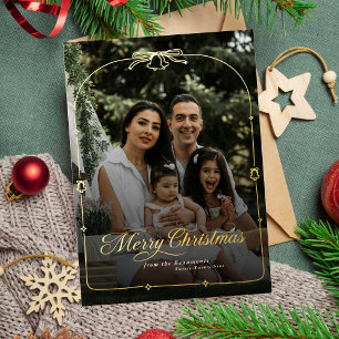 Tarjeta Festiva Con Relieve Metalizado Foto moderna de Navidad de Bow Merry