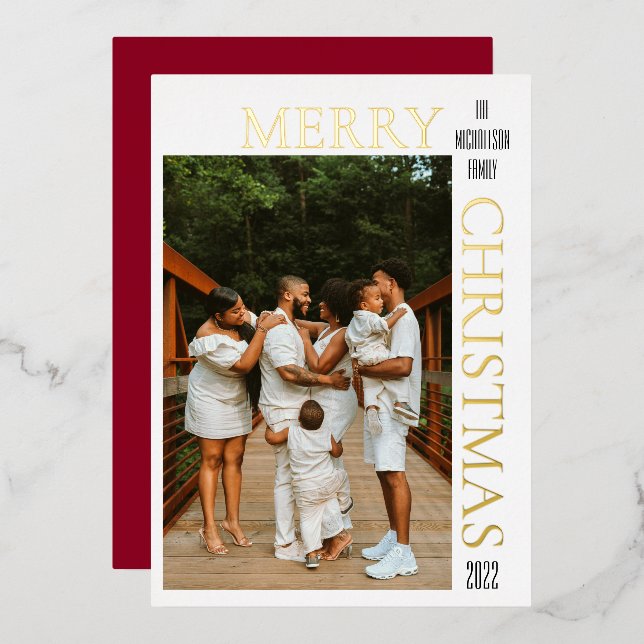 Tarjeta Festiva Con Relieve Metalizado Foto moderna de Navidad roja y alegre  (Anverso/Reverso)