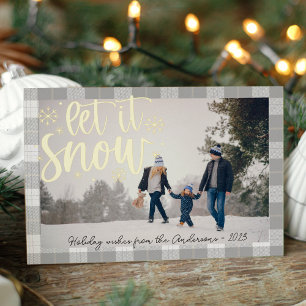 Tarjeta Festiva Con Relieve Metalizado Foto moderna de Plaid Let It Snow