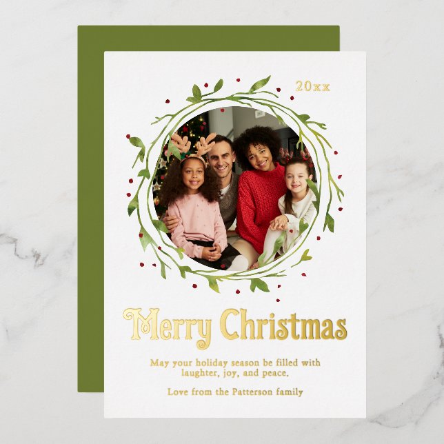 Tarjeta Festiva Con Relieve Metalizado Foto moderna, guión navideño de Feliz (Anverso/Reverso)