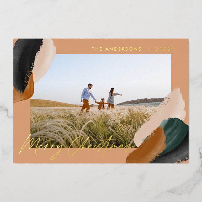 Tarjeta Festiva Con Relieve Metalizado Foto moderna minimalista en acuarela terracota ver (Anverso)