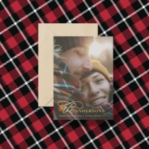 Tarjeta Festiva Con Relieve Metalizado Foto moderna minimalista tartán rojo escritura ele