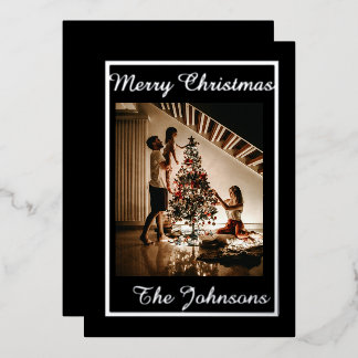 Tarjeta Festiva Con Relieve Metalizado Foto moderna y sencilla de color blanco y plateado