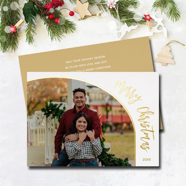 Tarjeta Festiva Con Relieve Metalizado Foto Navidad Script Dorado (Merry Christmas REAL gold foil holiday photo cards)
