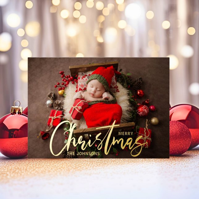 Tarjeta Festiva Con Relieve Metalizado FOTO navideña de Navidades familiares modernos (Modern Family Christmas Holiday PHOTO)