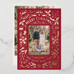 Tarjeta Festiva Con Relieve Metalizado Foto Navideña Familiar Floral Roja Vintage