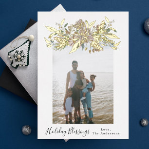 Tarjeta Festiva Con Relieve Metalizado Foto navideña floral vintage con acuarela dorada