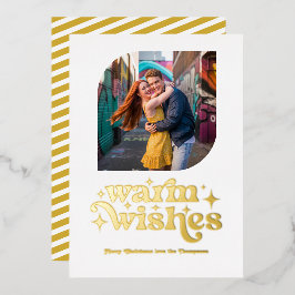 Tarjeta Festiva Con Relieve Metalizado Foto Navideña Moderna Retro Blanco y Dorado