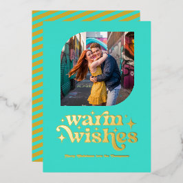 Tarjeta Festiva Con Relieve Metalizado Foto Navideña Moderna Retro de Turquesa y Dorado