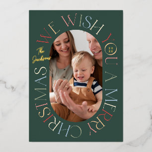 Tarjeta Festiva Con Relieve Metalizado Foto navideña retro verde colorida