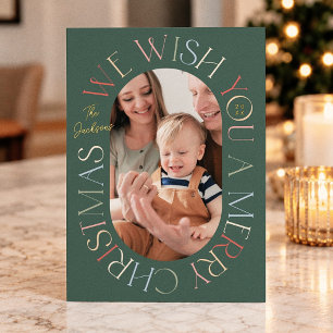 Tarjeta Festiva Con Relieve Metalizado Foto navideña retro verde colorida