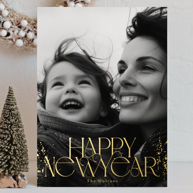 Tarjeta Festiva Con Relieve Metalizado Foto Oro Feliz Año Nuevo 2026 (Subido por el creador)