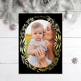 Tarjeta Festiva Con Relieve Metalizado Foto ovalada con marco retro de poinsettia