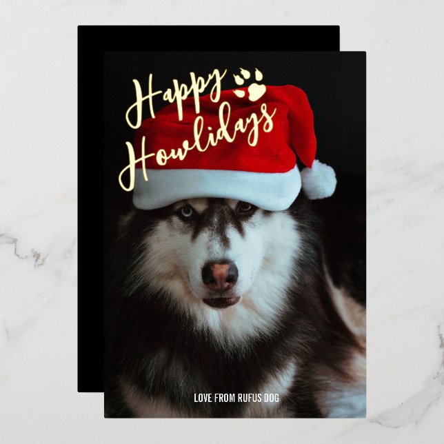 Tarjeta Festiva Con Relieve Metalizado Foto personalizada de Happy Howlidays (Anverso/Reverso)
