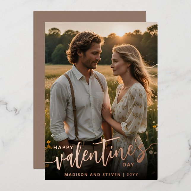 Tarjeta Festiva Con Relieve Metalizado Foto Personalizada Feliz Día de San Valentín Elega (Anverso/Reverso)