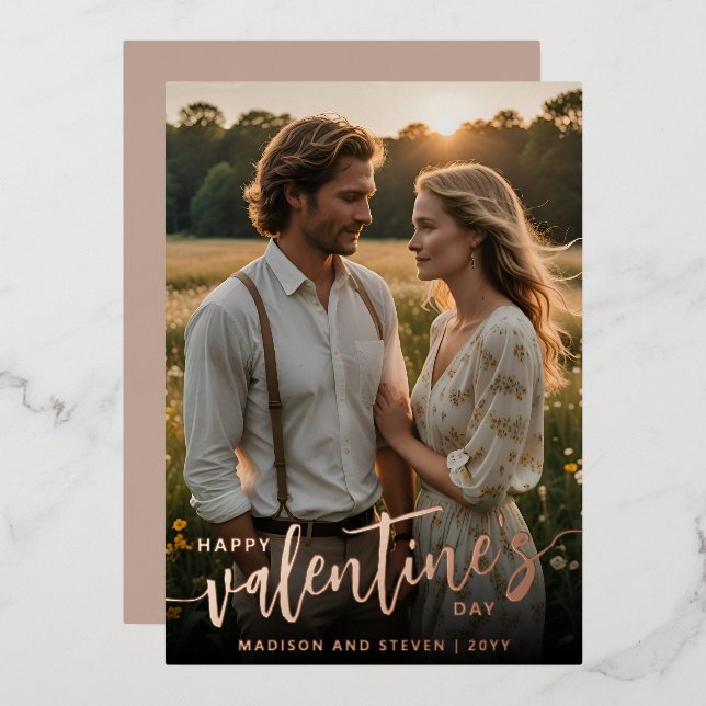 Tarjeta Festiva Con Relieve Metalizado Foto Personalizada Feliz Día de San Valentín Elega (Anverso/Reverso)