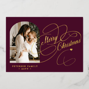 Tarjeta Festiva Con Relieve Metalizado Foto personalizada Feliz Navidad burdeos dorado