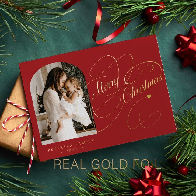 Tarjeta Festiva Con Relieve Metalizado Foto personalizada Merry Christmas script gold (Subido por el creador)